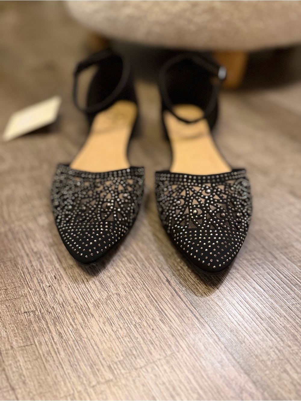 Daisy Fuentes Lexi Black Rhinestone Pointed Toe Ankle Strap Flats Size 7.5 NWT